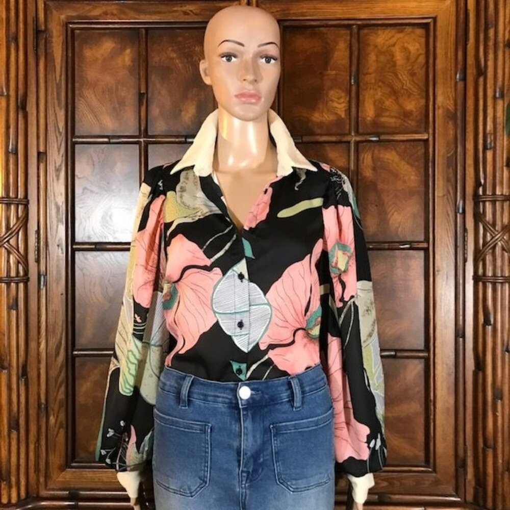 Wild Orchid Puff Shoulder Lantern Sleeve Contrast Collar Cuff Button Down
